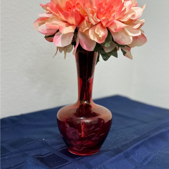 Cranberry vase with peach colored dahlias. - Picture 3 of 5